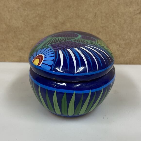 Mexican Folk Art Pottery Oval Trinket Box Hand Painted Blue Bird Flowers - Picture 3 of 10